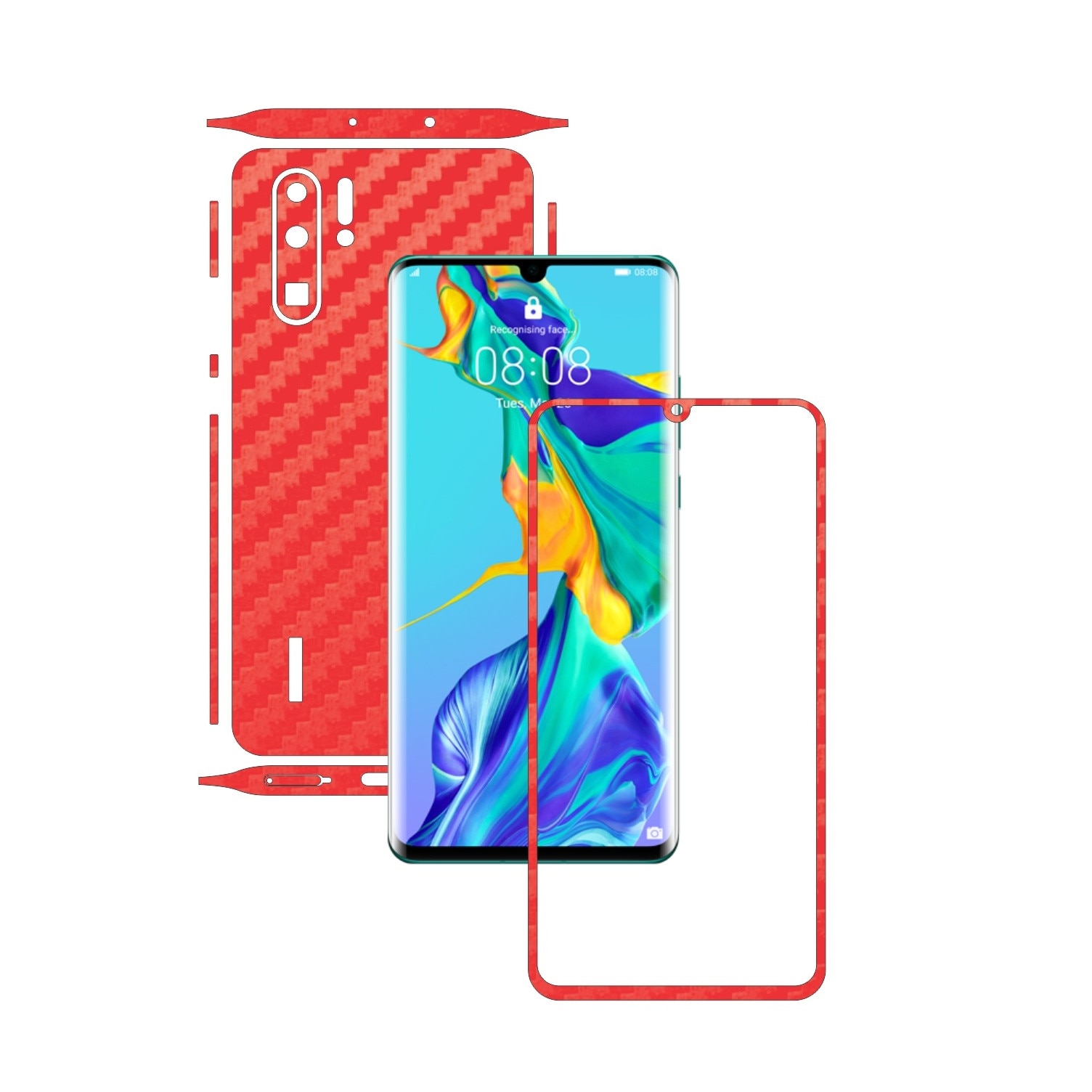 Folie Protectie Carbon Skinz pentru Huawei P30 Pro New Edition - Carbon Rosu Split Cut, Skin Adeziv Full Body Cover pentru Rama Ecran, Carcasa Spate si Laterale