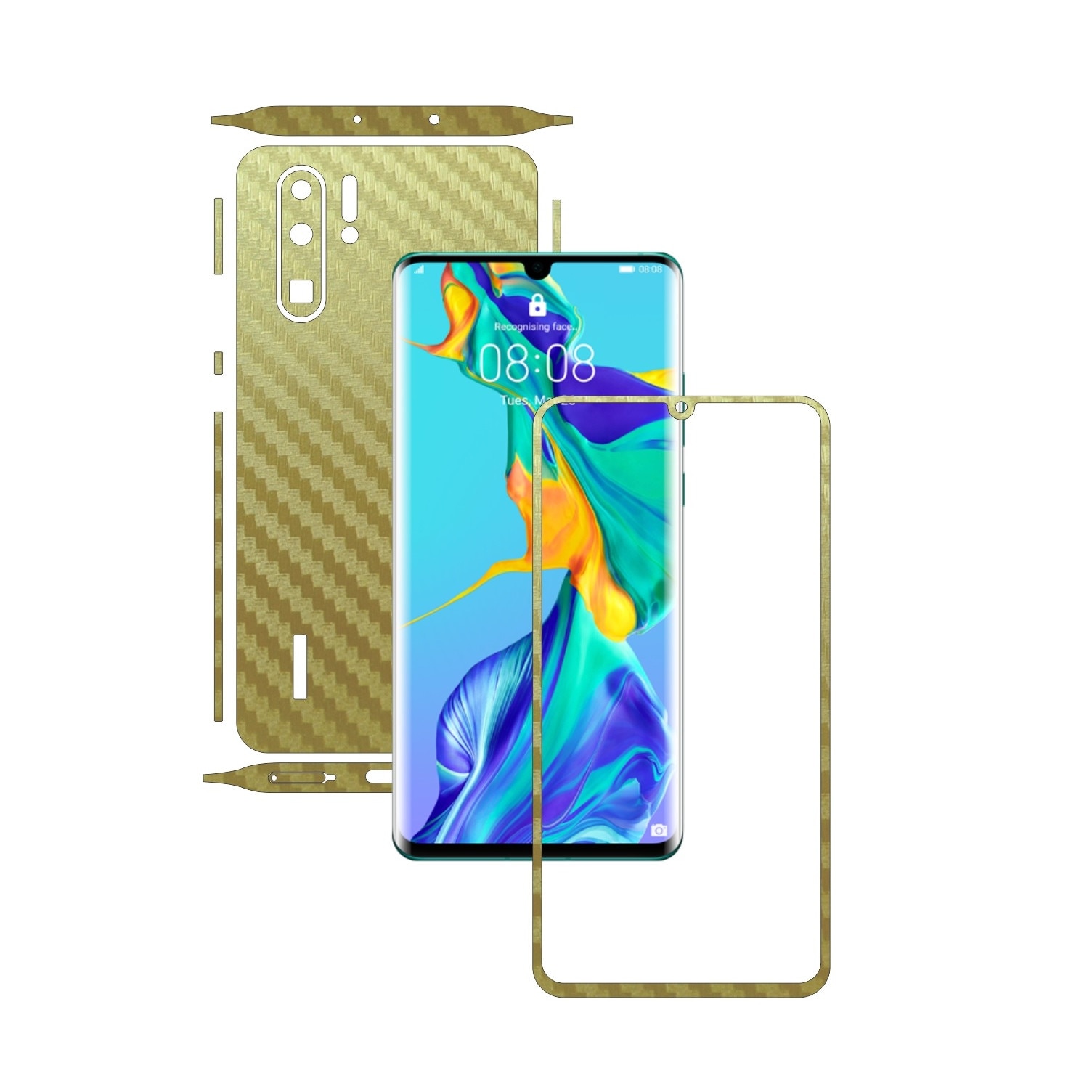 Folie Protectie Carbon Skinz pentru Huawei P30 Pro New Edition - Carbon Auriu Split Cut, Skin Adeziv Full Body Cover pentru Rama Ecran, Carcasa Spate si Laterale
