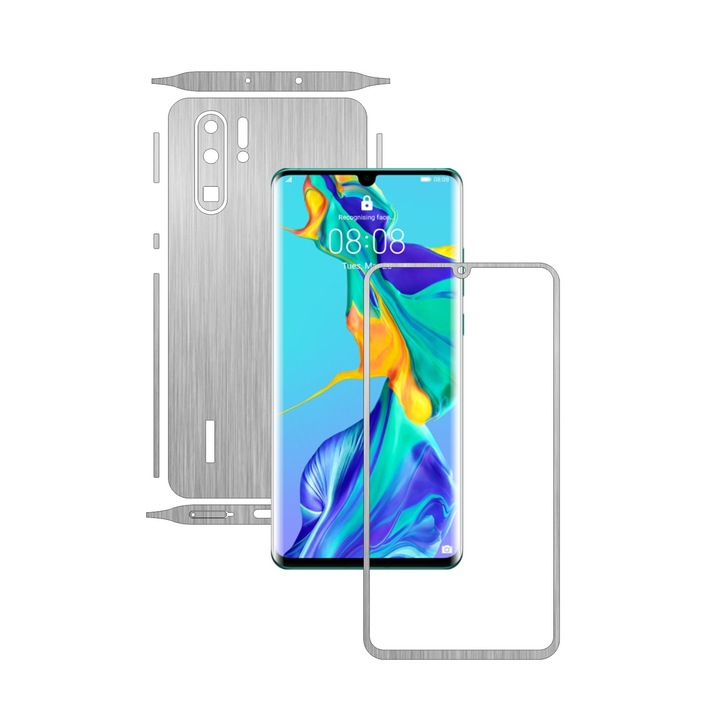 Folie Protectie Carbon Skinz pentru Huawei P30 Pro - Brushed Argintiu Split Cut, Skin Adeziv Full Body Cover pentru Rama Ecran, Carcasa Spate si Laterale