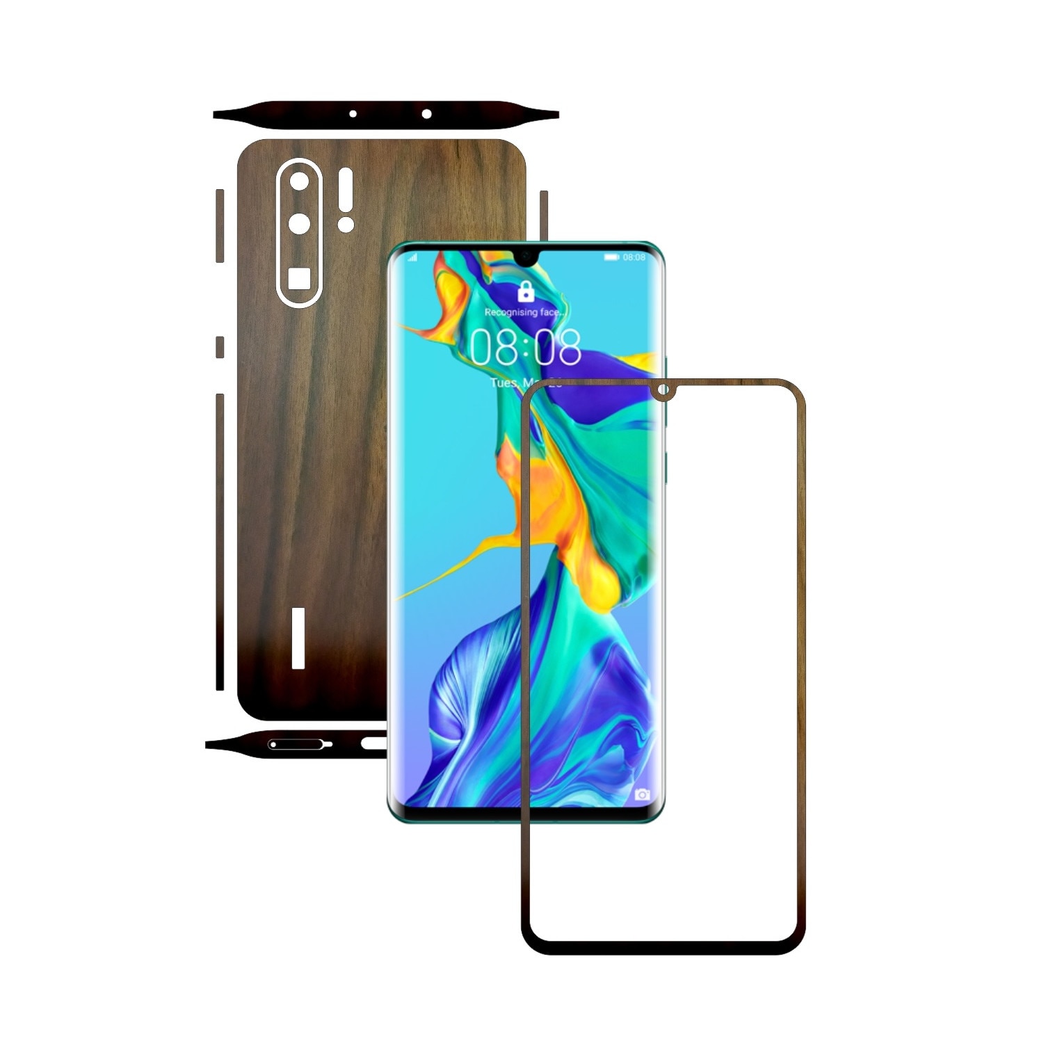 Folie Protectie Carbon Skinz pentru Huawei P30 Pro - Lemn Nuc Split Cut, Skin Adeziv Full Body Cover pentru Rama Ecran, Carcasa Spate si Laterale