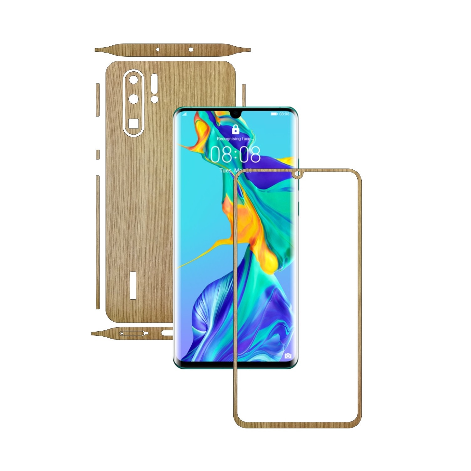 Folie Protectie Carbon Skinz pentru Huawei P30 Pro New Edition - Lemn Stejar Split Cut, Skin Adeziv Full Body Cover pentru Rama Ecran, Carcasa Spate si Laterale