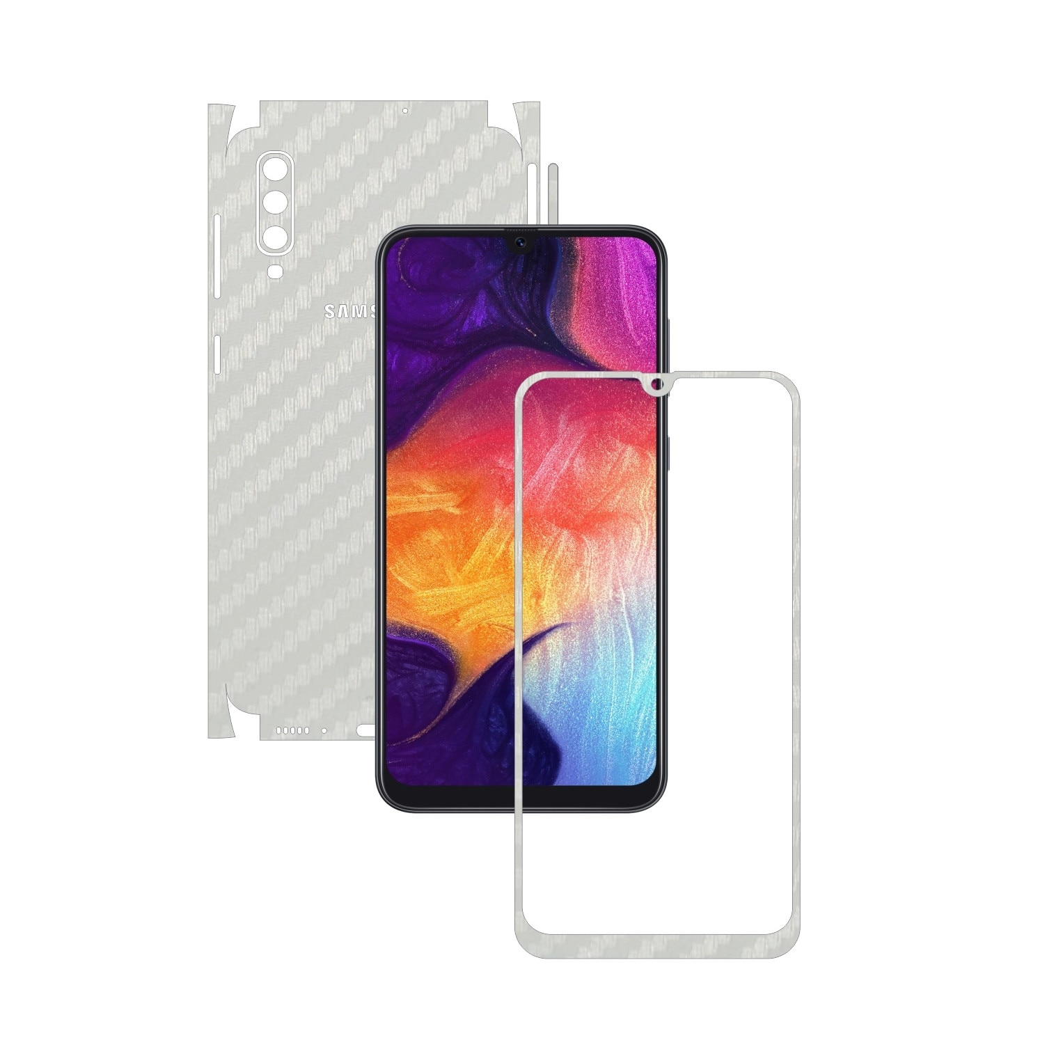 Folie Protectie Carbon Skinz pentru Samsung Galaxy A50 - Carbon Alb 360 Cut, Skin Adeziv Full Body Cover pentru Rama Ecran, Carcasa Spate si Laterale