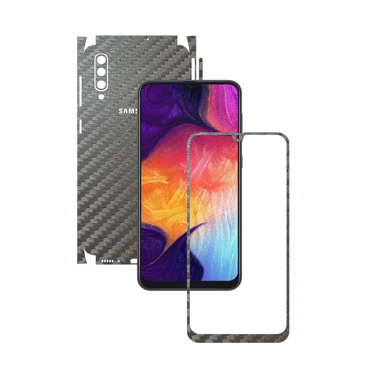 Folie Protectie Carbon Skinz pentru Samsung Galaxy A50 - Carbon Gri Argintiu 360 Cut, Skin Adeziv Full Body Cover pentru Rama Ecran, Carcasa Spate si Laterale