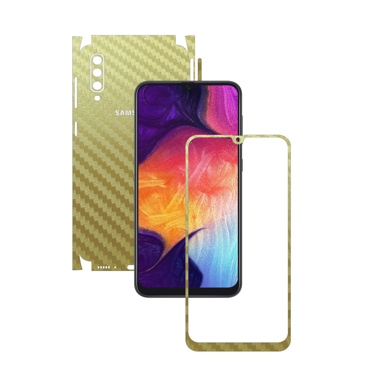 Folie Protectie Carbon Skinz pentru Samsung Galaxy A50 - Carbon Auriu 360 Cut, Skin Adeziv Full Body Cover pentru Rama Ecran, Carcasa Spate si Laterale