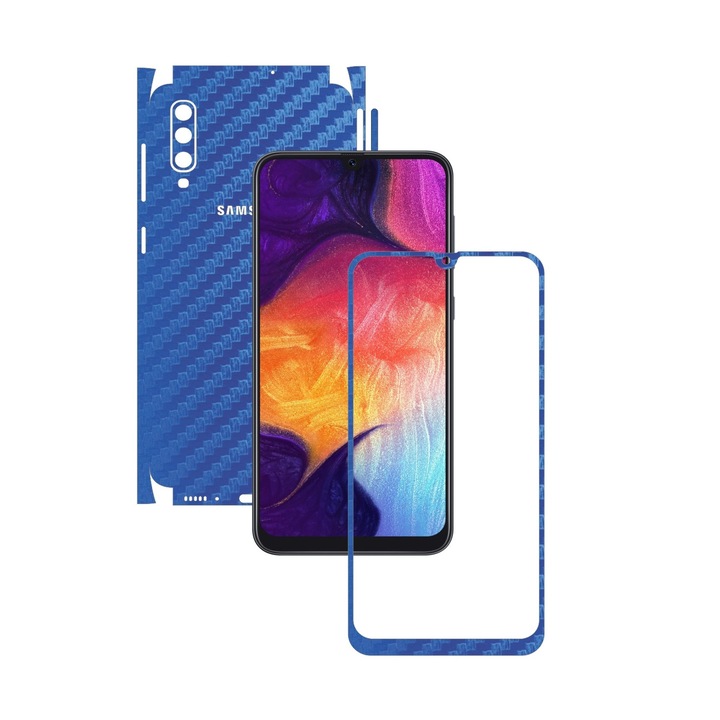 Folie Protectie Carbon Skinz pentru Samsung Galaxy A50 - Carbon Albastru 360 Cut, Skin Adeziv Full Body Cover pentru Rama Ecran, Carcasa Spate si Laterale