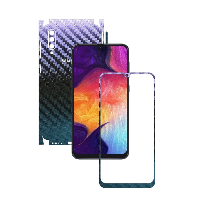 Folie Protectie Carbon Skinz pentru Samsung Galaxy A50 - Carbon Cameleon 360 Cut, Skin Adeziv Full Body Cover pentru Rama Ecran, Carcasa Spate si Laterale