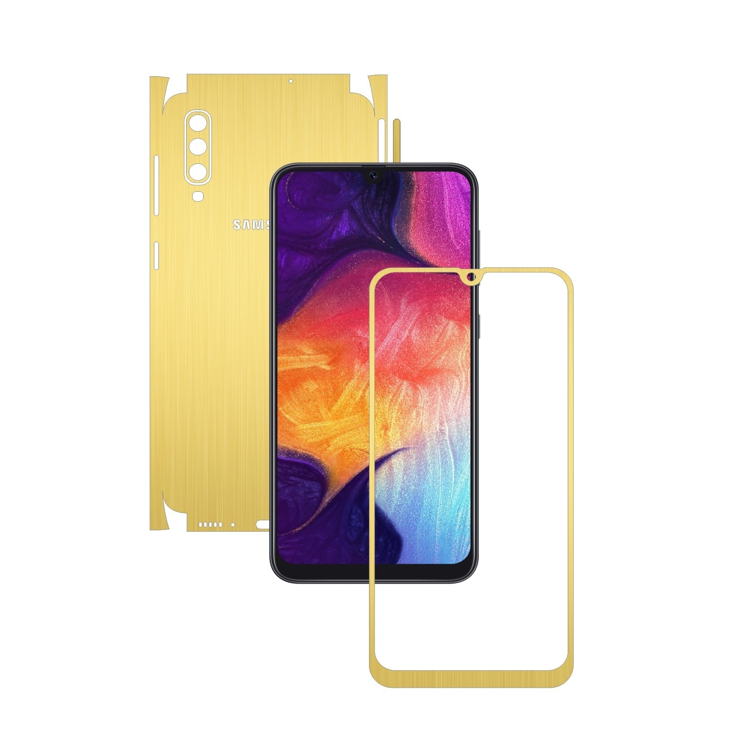 Folie Protectie Carbon Skinz pentru Samsung Galaxy A50 - Brushed Auriu 360 Cut, Skin Adeziv Full Body Cover pentru Rama Ecran, Carcasa Spate si Laterale