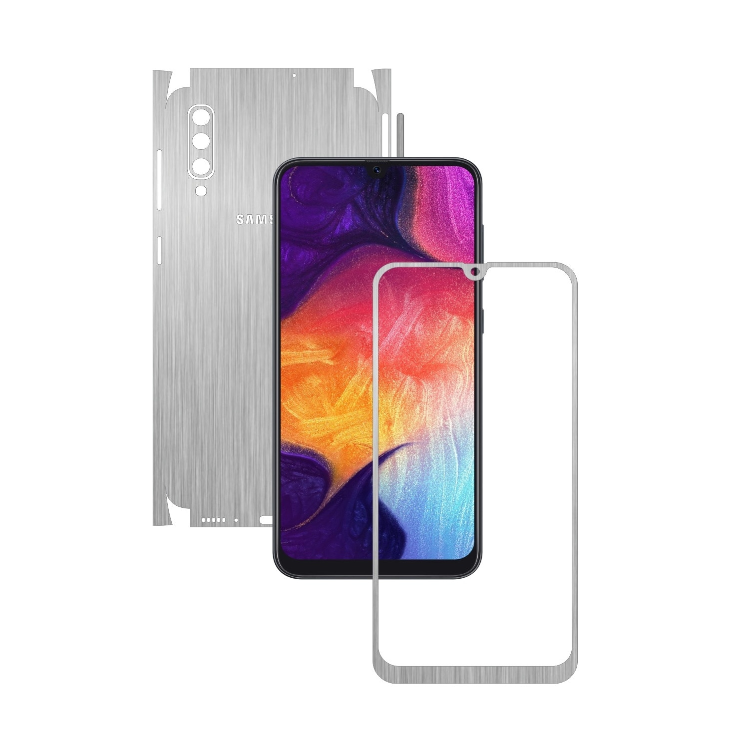 Folie Protectie Carbon Skinz pentru Samsung Galaxy A50 - Brushed Argintiu 360 Cut, Skin Adeziv Full Body Cover pentru Rama Ecran, Carcasa Spate si Laterale