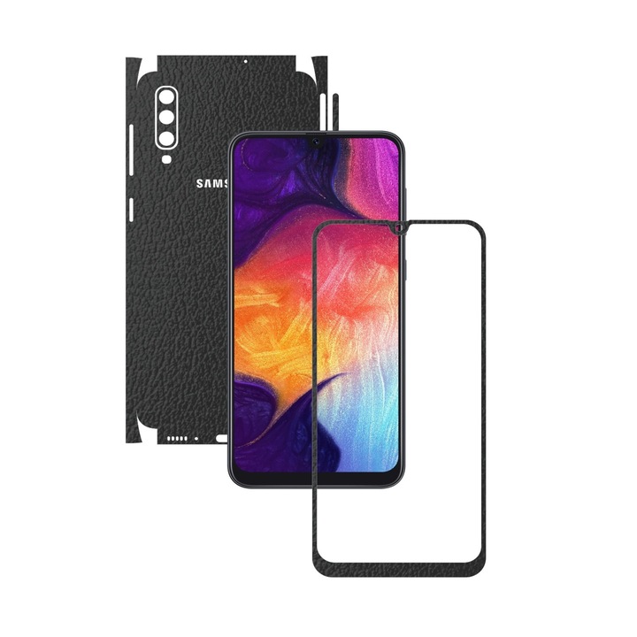 Folie Protectie Carbon Skinz pentru Samsung Galaxy A50 - Piele Neagra 360 Cut, Skin Adeziv Full Body Cover pentru Rama Ecran, Carcasa Spate si Laterale