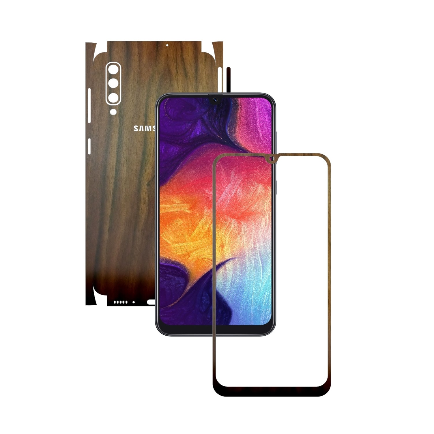 Folie Protectie Carbon Skinz pentru Samsung Galaxy A50 - Lemn Nuc 360 Cut, Skin Adeziv Full Body Cover pentru Rama Ecran, Carcasa Spate si Laterale
