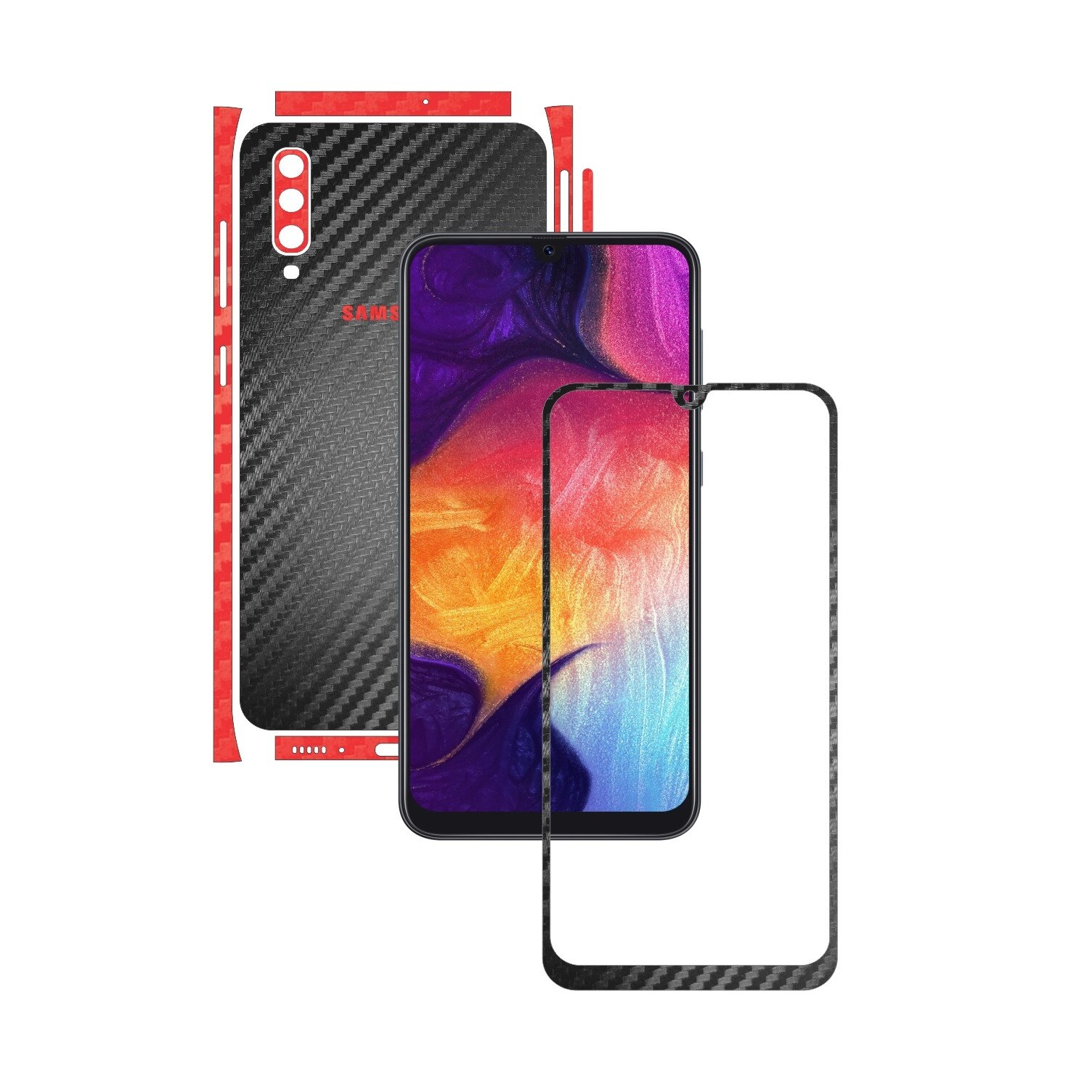 Folie Protectie Carbon Skinz pentru Samsung Galaxy A50 - Carbon Two Tone Negru / Rosu, Skin Adeziv Full Body Cover pentru Rama Ecran, Carcasa Spate si Laterale