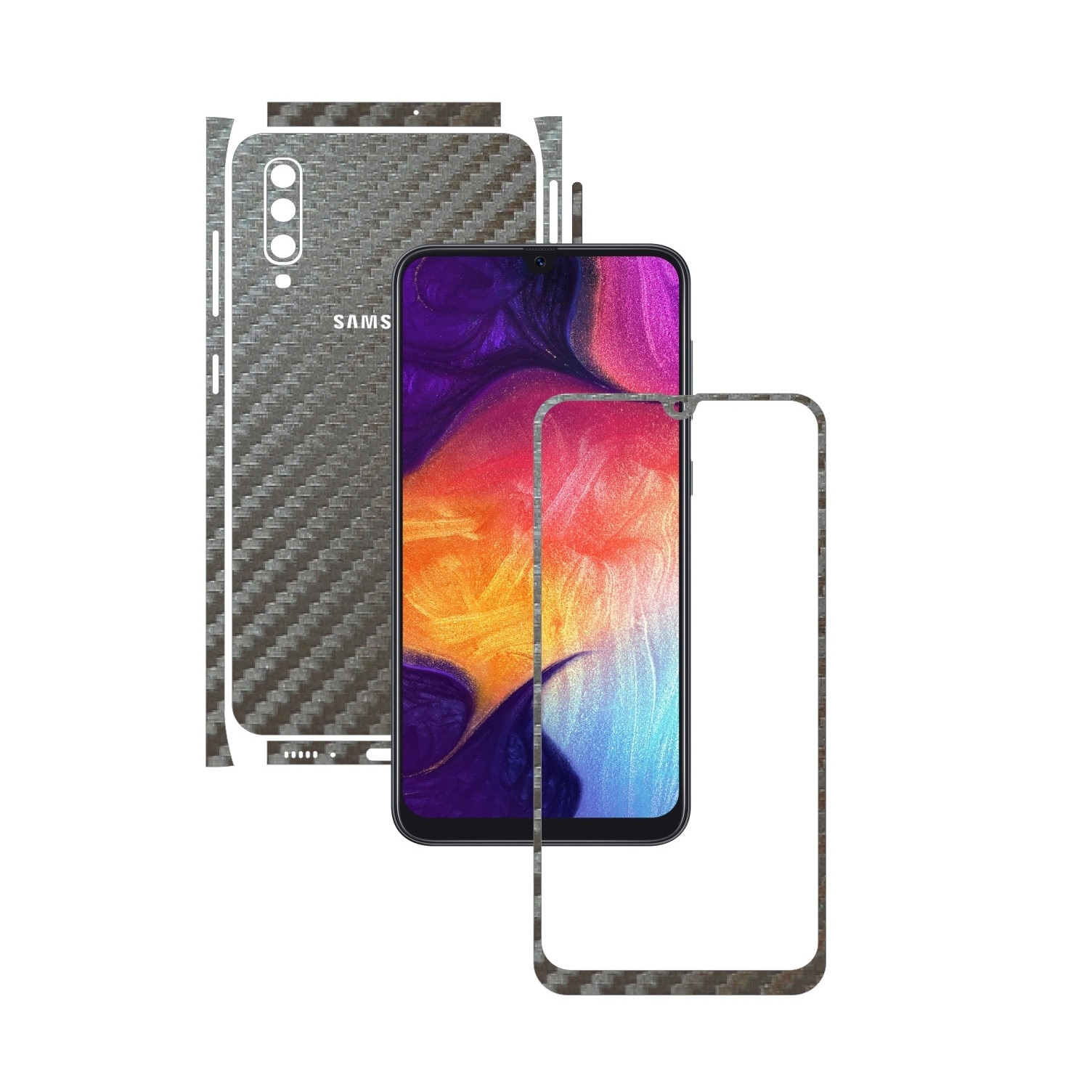 Folie Protectie Carbon Skinz pentru Samsung Galaxy A50 - Carbon Gri Argintiu Split Cut, Skin Adeziv Full Body Cover pentru Rama Ecran, Carcasa Spate si Laterale