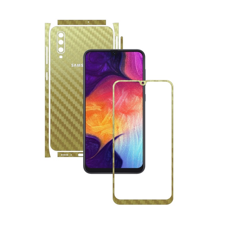 Folie Protectie Carbon Skinz pentru Samsung Galaxy A50 - Carbon Auriu Split Cut, Skin Adeziv Full Body Cover pentru Rama Ecran, Carcasa Spate si Laterale