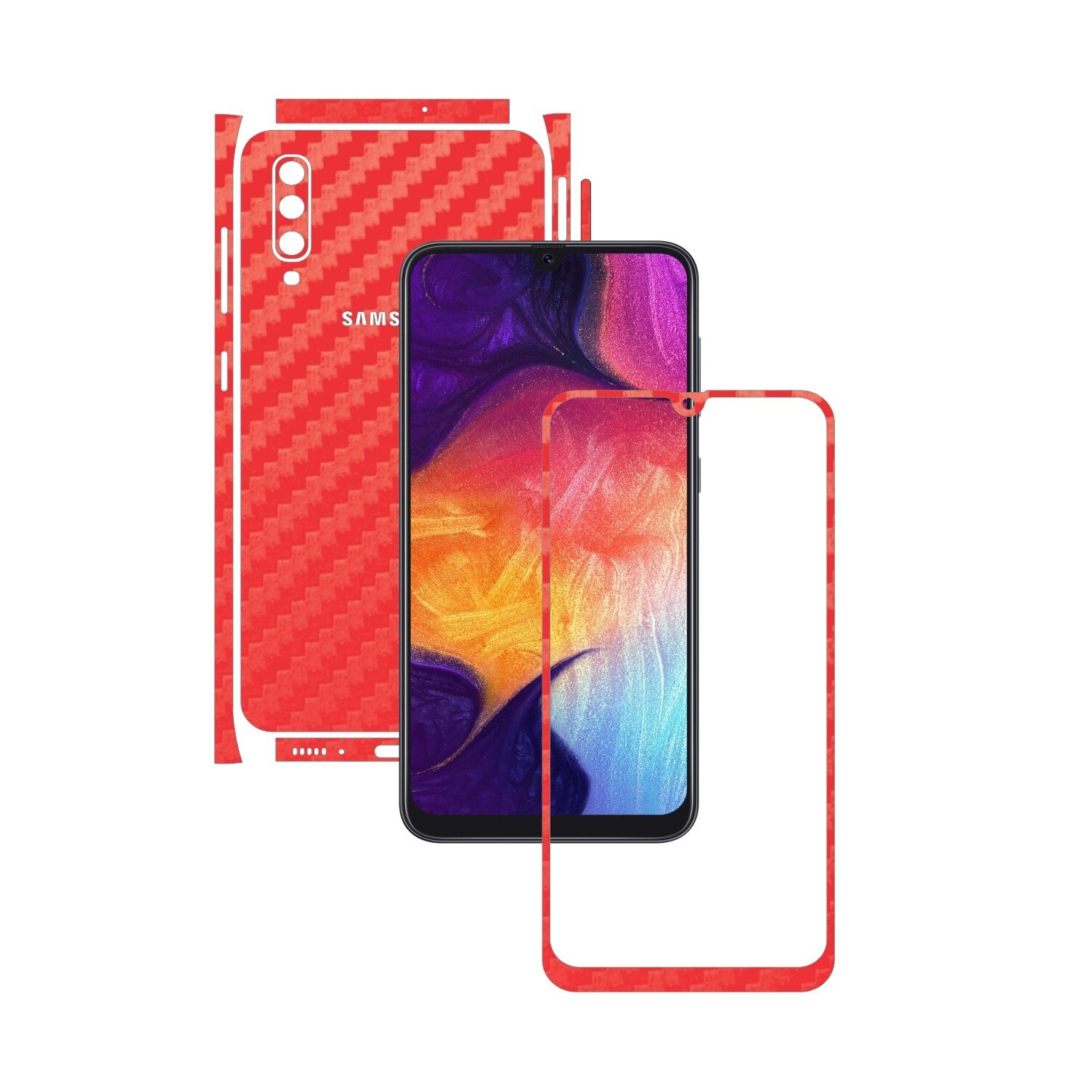 Folie Protectie Carbon Skinz pentru Samsung Galaxy A50 - Carbon Rosu Split Cut, Skin Adeziv Full Body Cover pentru Rama Ecran, Carcasa Spate si Laterale
