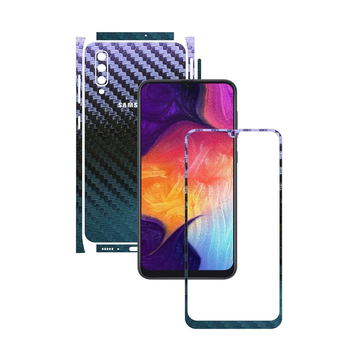 Folie Protectie Carbon Skinz pentru Samsung Galaxy A50 - Carbon Cameleon Split Cut, Skin Adeziv Full Body Cover pentru Rama Ecran, Carcasa Spate si Laterale
