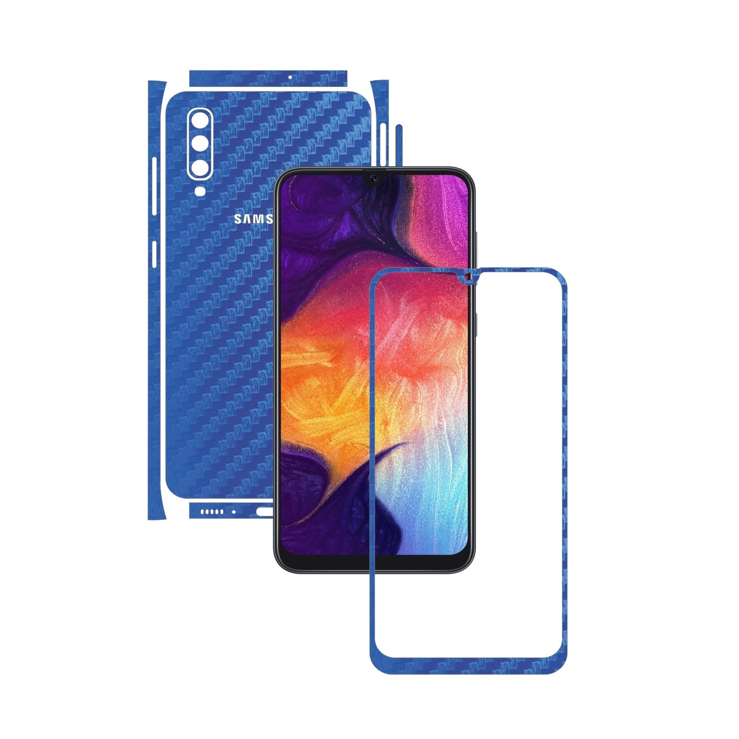 Folie Protectie Carbon Skinz pentru Samsung Galaxy A50 - Carbon Albastru Split Cut, Skin Adeziv Full Body Cover pentru Rama Ecran, Carcasa Spate si Laterale