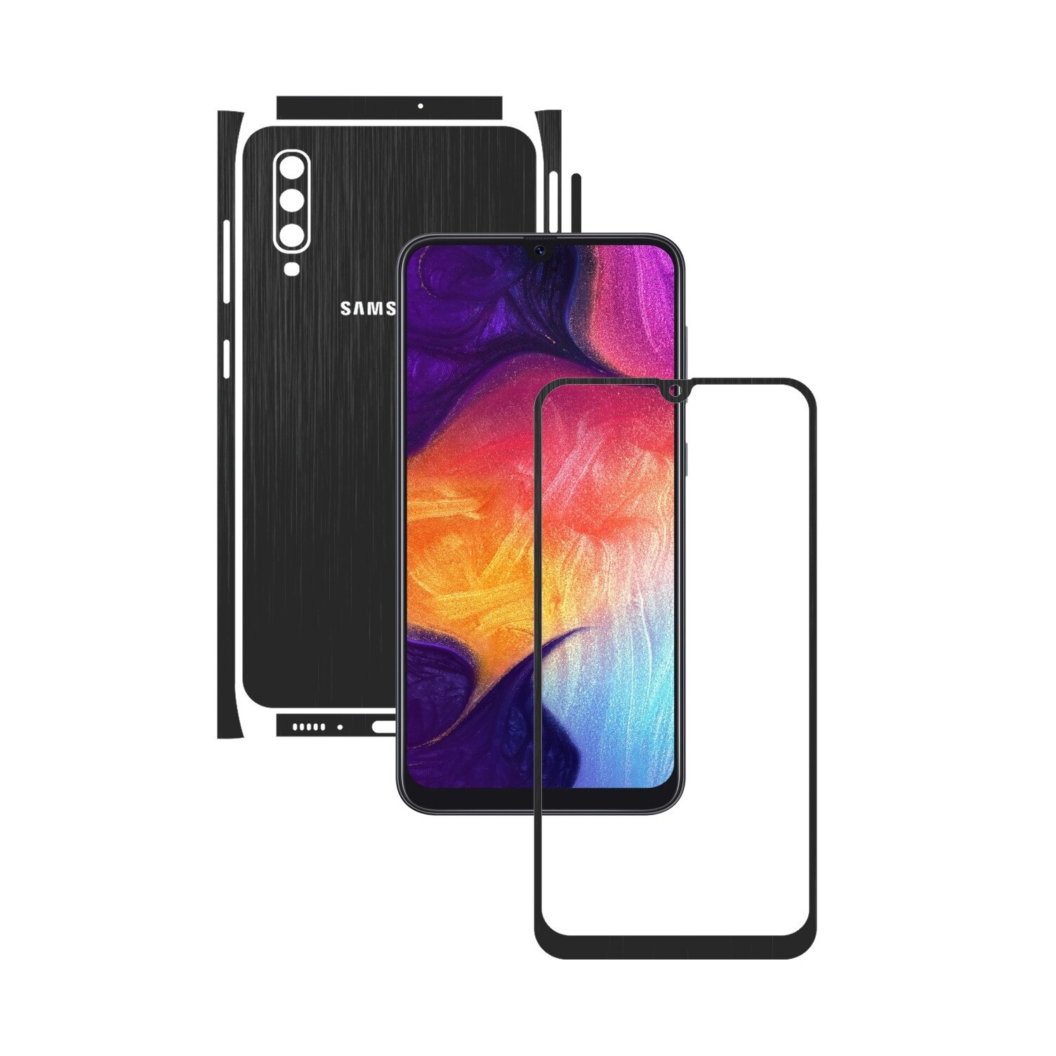 Folie Protectie Carbon Skinz pentru Samsung Galaxy A50 - Brushed Negru Split Cut, Skin Adeziv Full Body Cover pentru Rama Ecran, Carcasa Spate si Laterale