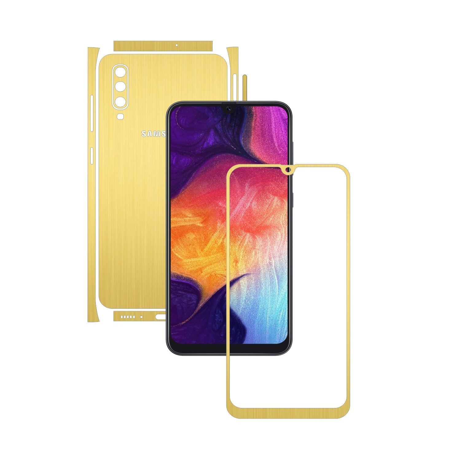 Folie Protectie Carbon Skinz pentru Samsung Galaxy A50 - Brushed Auriu Split Cut, Skin Adeziv Full Body Cover pentru Rama Ecran, Carcasa Spate si Laterale
