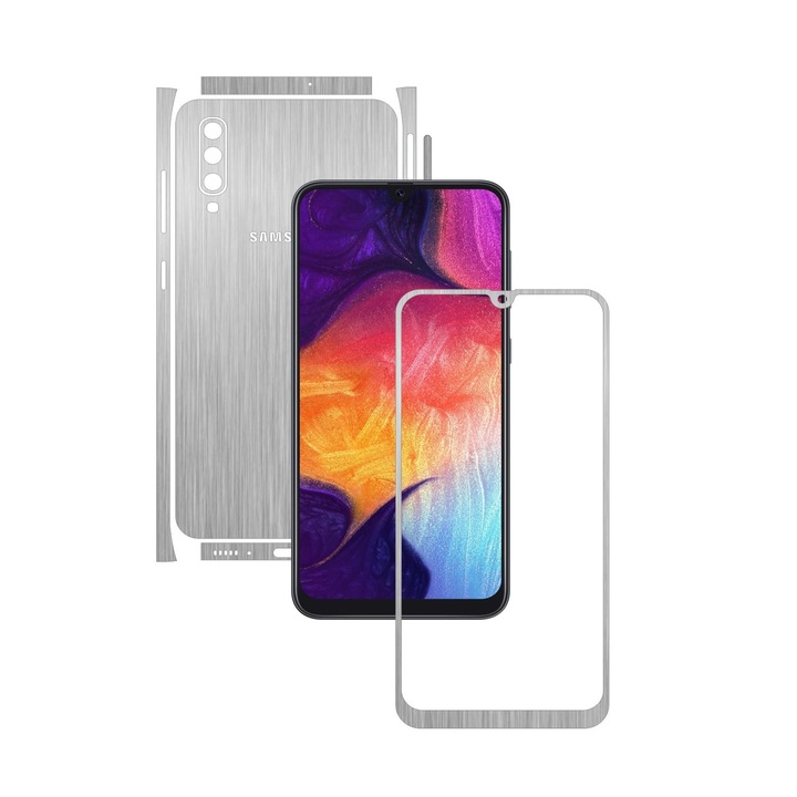 Folie Protectie Carbon Skinz pentru Samsung Galaxy A50 - Brushed Argintiu Split Cut, Skin Adeziv Full Body Cover pentru Rama Ecran, Carcasa Spate si Laterale