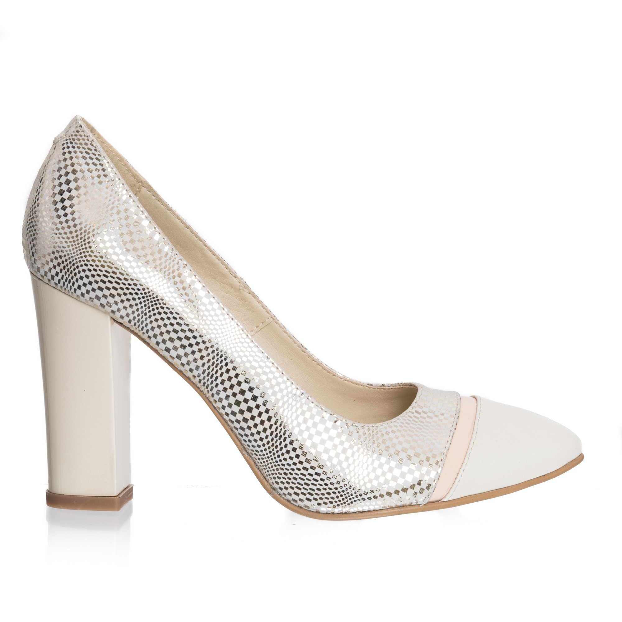Pantofi dama din piele naturala - Mozaic Argintiu cu Bej + Nud - 2696 MABN
