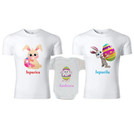 Set 2 tricouri personalizate si 1 body - Iepurasi Paste, Alb, M si L