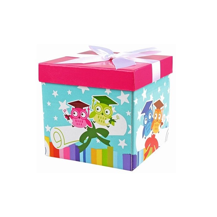 Cutie cadou din carton cu capac rosu - bufnite,12 x 12 x 12 cm