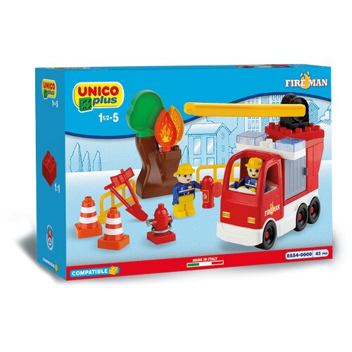 Set constructie Unico pentru copii Camion Pompieri, cu scara reglabila, 43 piese