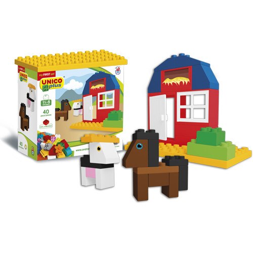Set constructie Unico pentru copii Ferma Mica cu animale domestice, 40 piese