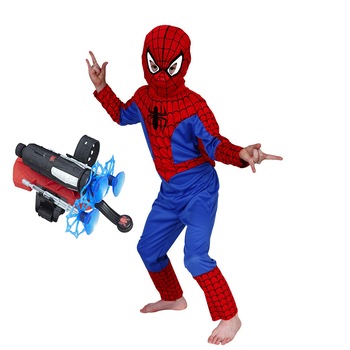 Set costum Spiderman M, 110-120 cm si lansator cu ventuze Set costum Spiderman M, 110-120 cm si lansator cu ventuze