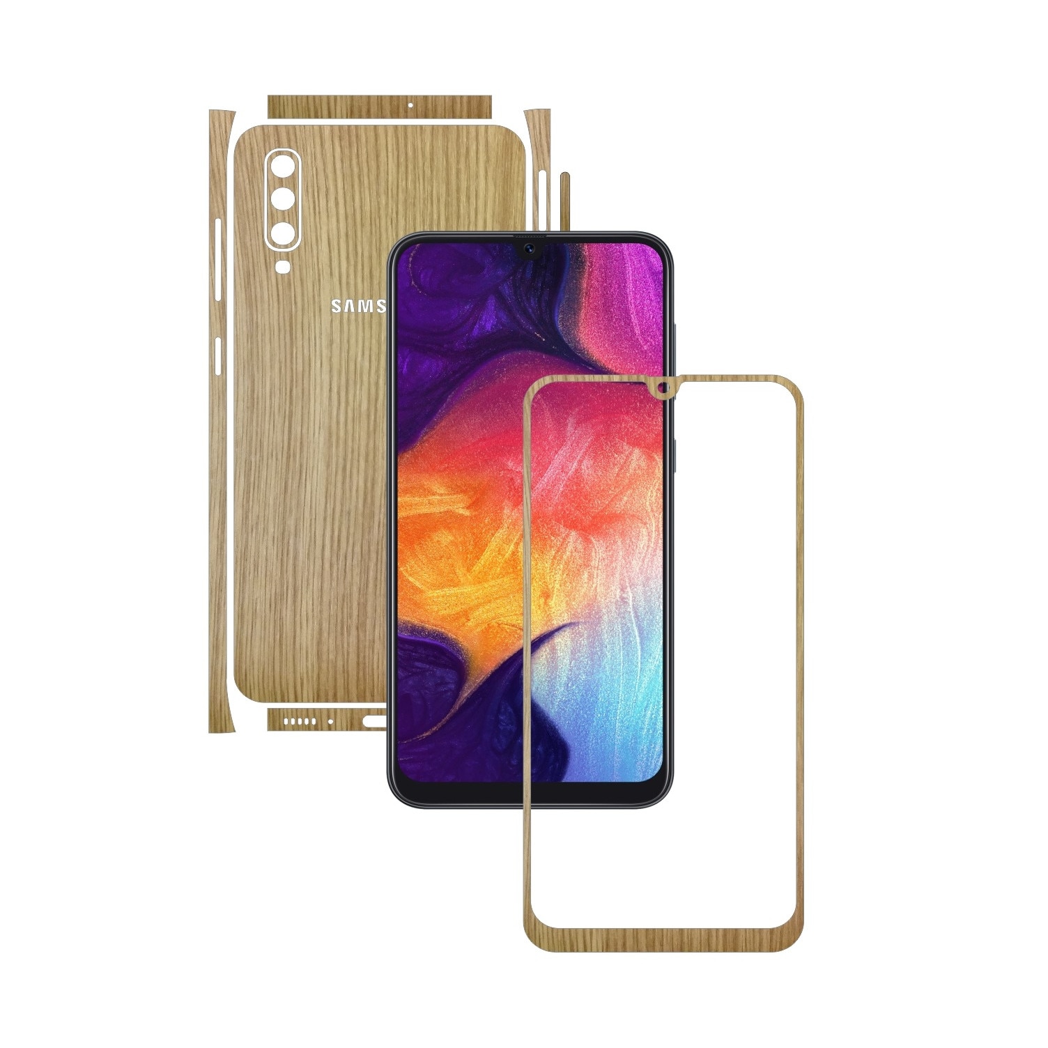 Folie Protectie Carbon Skinz pentru Samsung Galaxy A50 - Lemn Stejar Split Cut, Skin Adeziv Full Body Cover pentru Rama Ecran, Carcasa Spate si Laterale