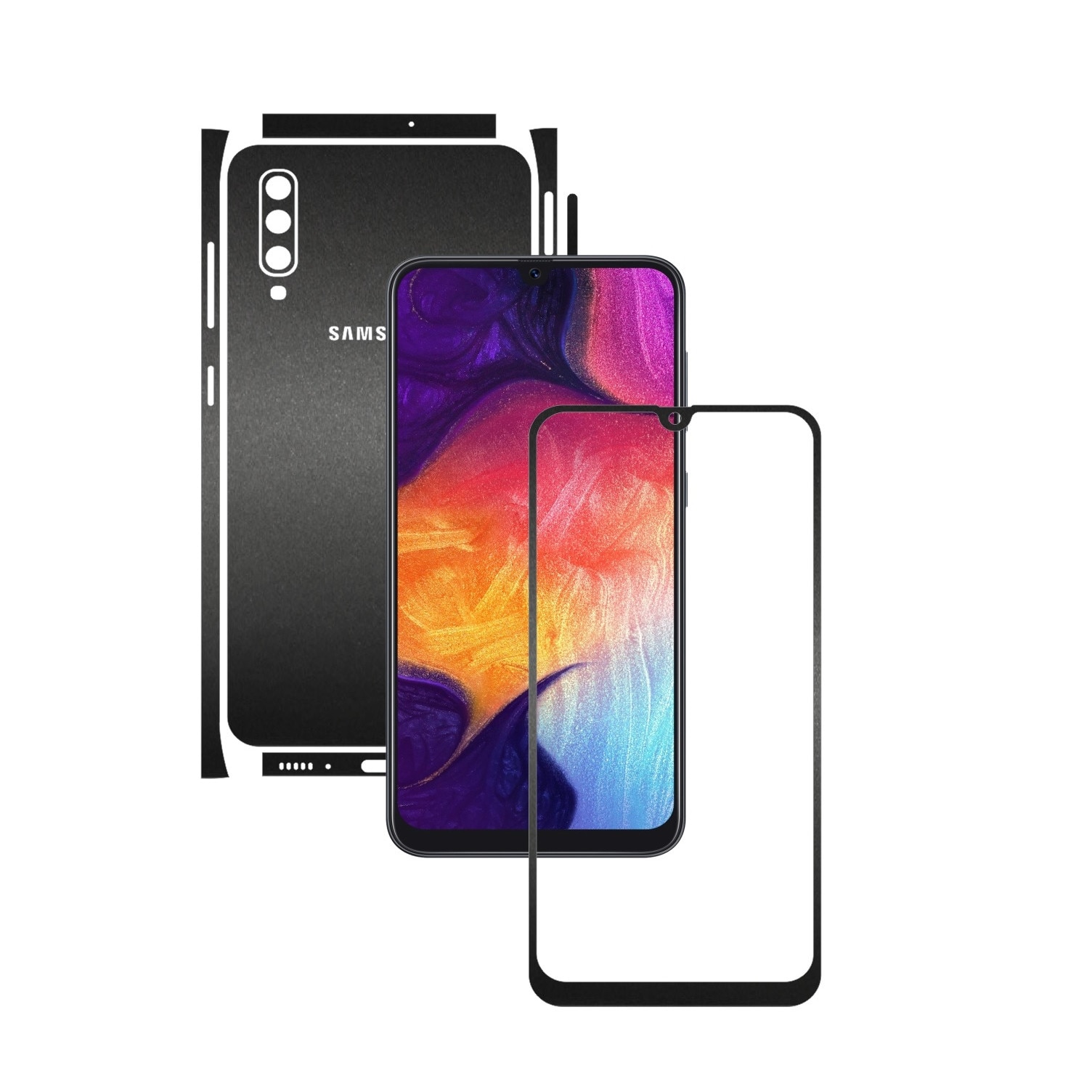 Folie Protectie Carbon Skinz pentru Samsung Galaxy A50 - Negru Mat Split Cut, Skin Adeziv Full Body Cover pentru Rama Ecran, Carcasa Spate si Laterale