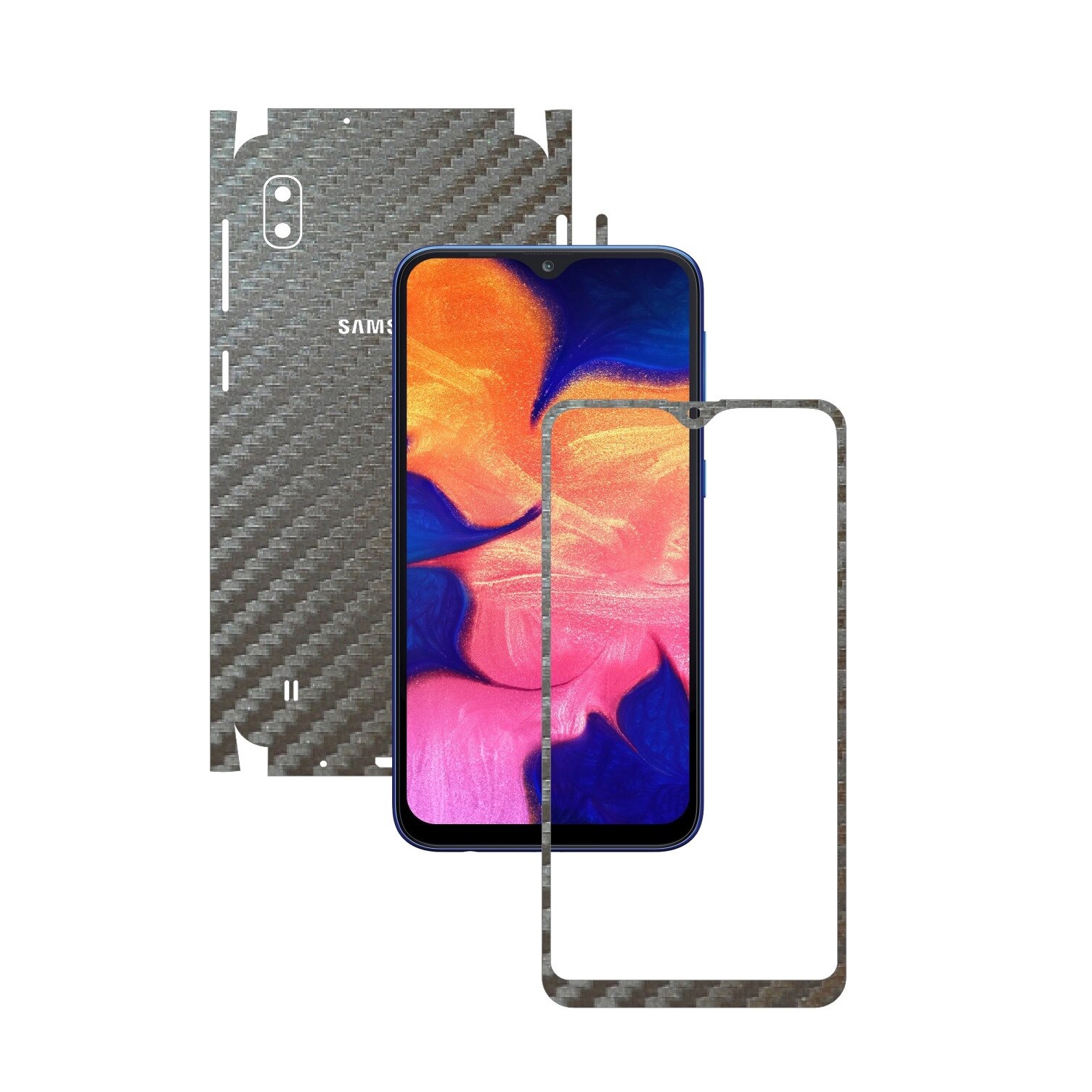 Folie Protectie Carbon Skinz pentru Samsung Galaxy A10 - Carbon Gri Argintiu 360 Cut, Skin Adeziv Full Body Cover pentru Rama Ecran, Carcasa Spate si Laterale