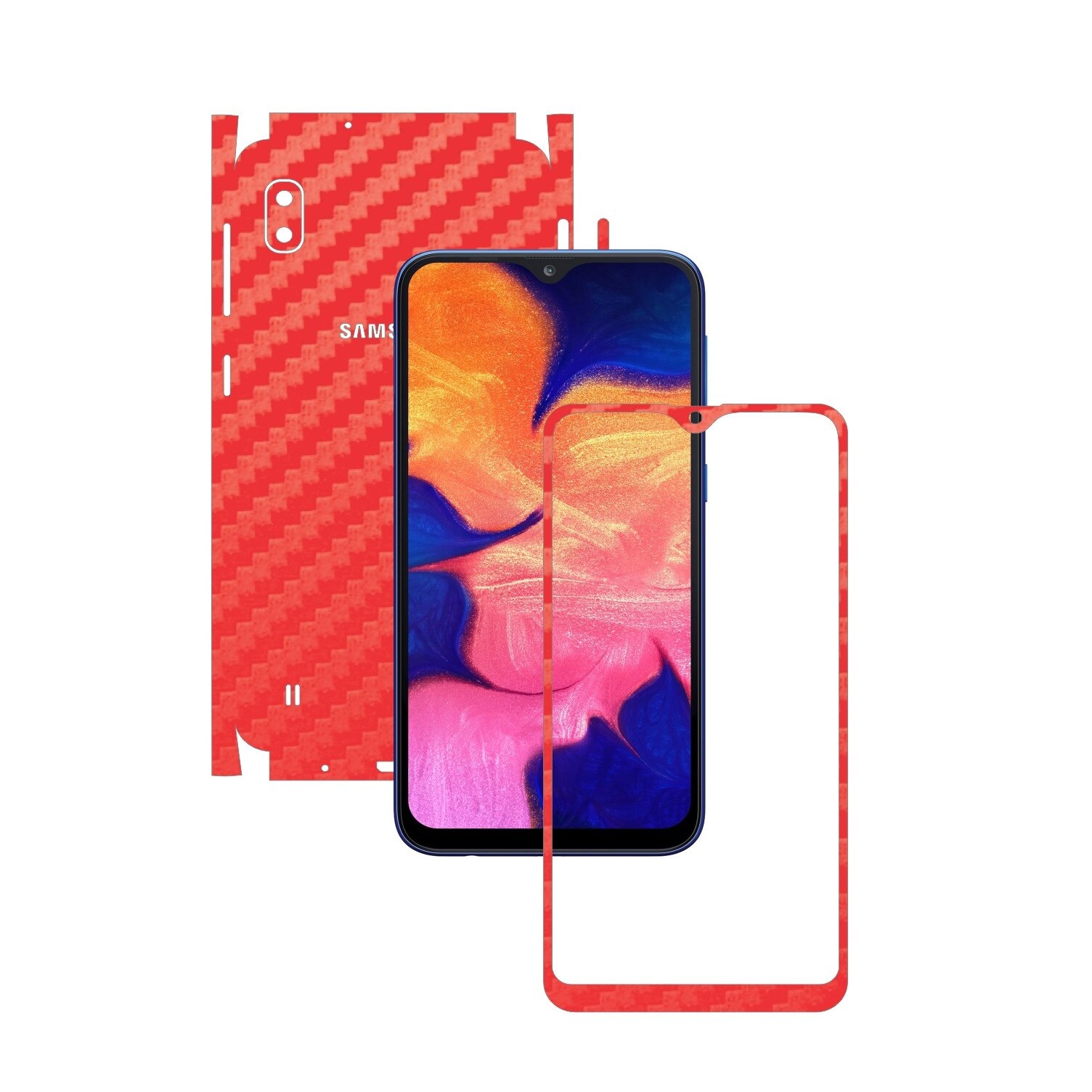 Folie Protectie Carbon Skinz pentru Samsung Galaxy A10 - Carbon Rosu 360 Cut, Skin Adeziv Full Body Cover pentru Rama Ecran, Carcasa Spate si Laterale