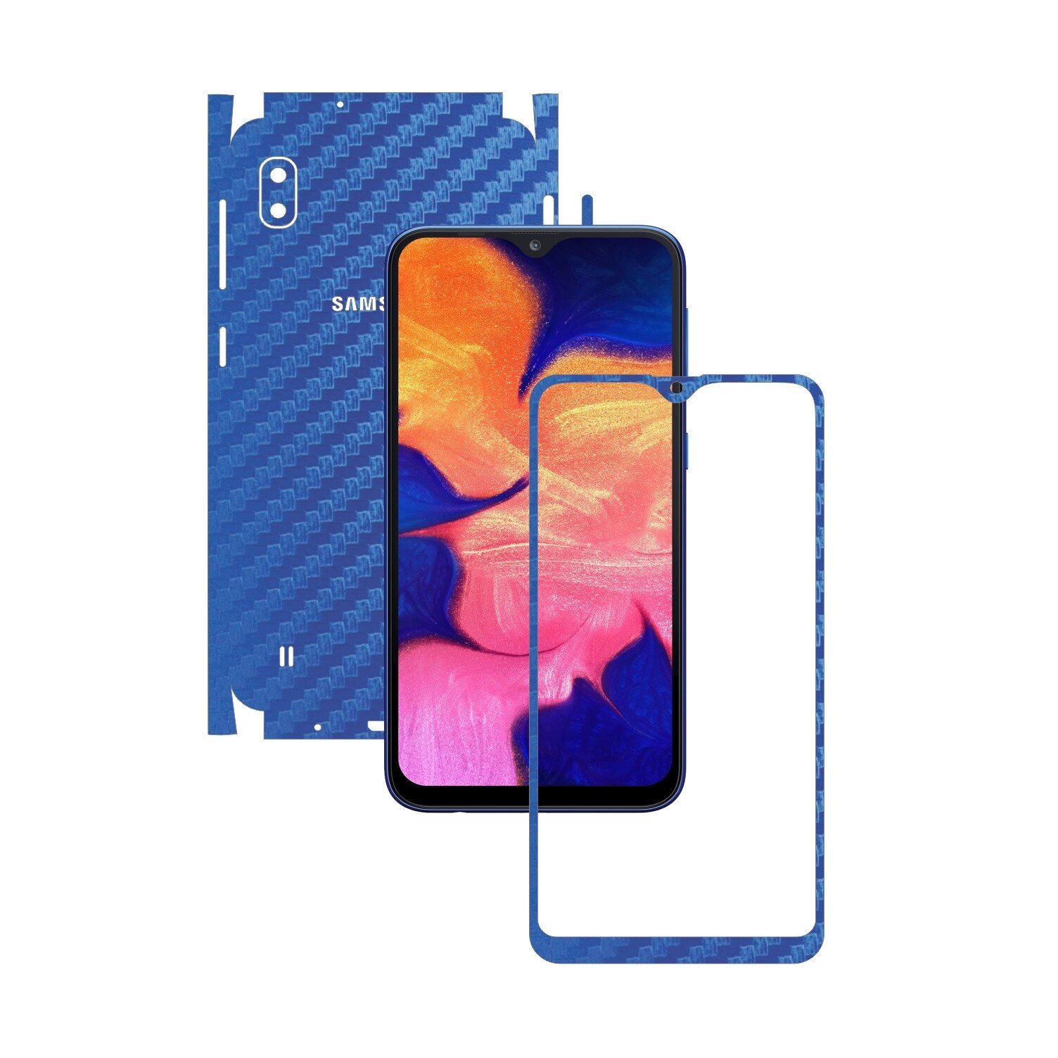 Folie Protectie Carbon Skinz pentru Samsung Galaxy A10 - Carbon Albastru 360 Cut, Skin Adeziv Full Body Cover pentru Rama Ecran, Carcasa Spate si Laterale