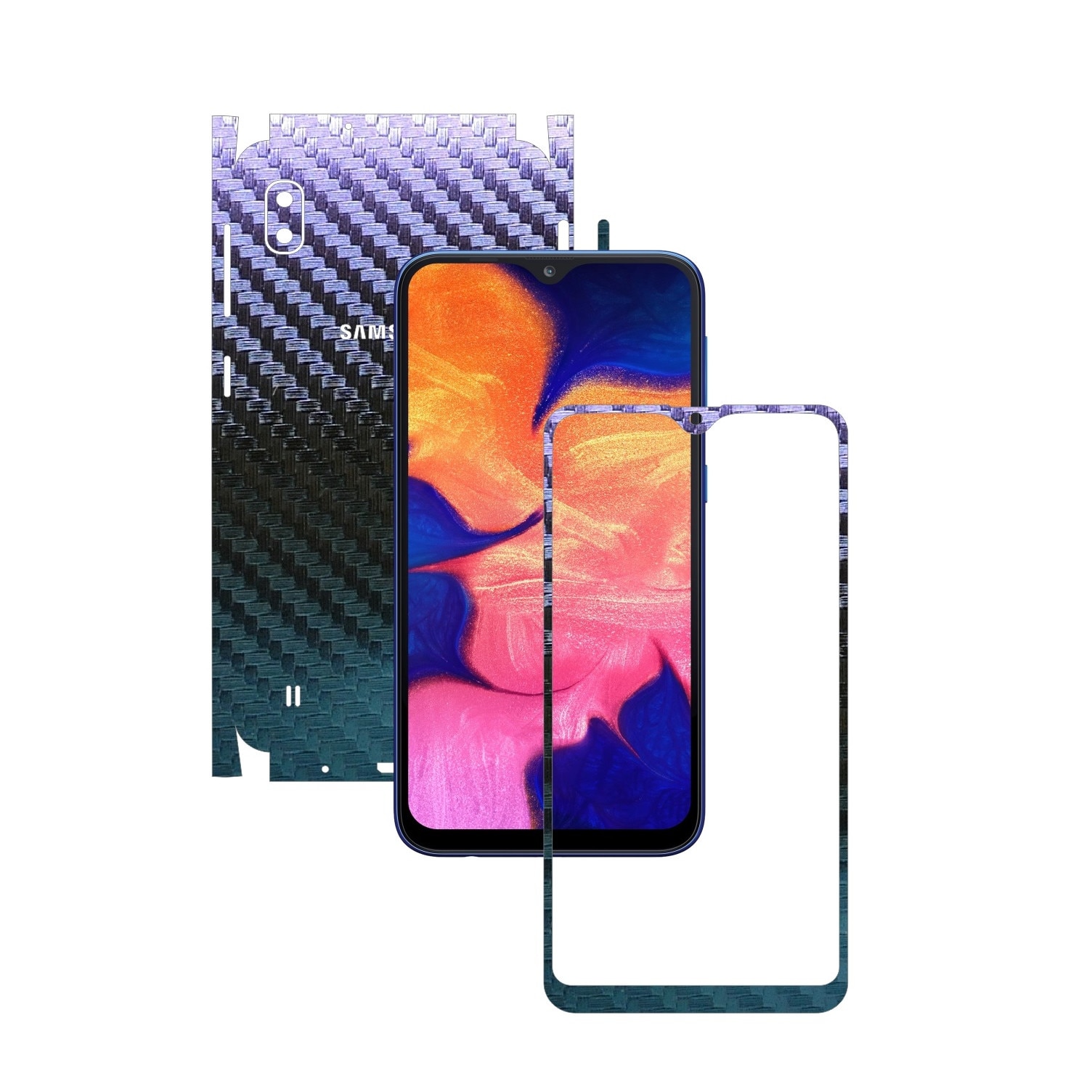 Folie Protectie Carbon Skinz pentru Samsung Galaxy A10 - Carbon Cameleon 360 Cut, Skin Adeziv Full Body Cover pentru Rama Ecran, Carcasa Spate si Laterale
