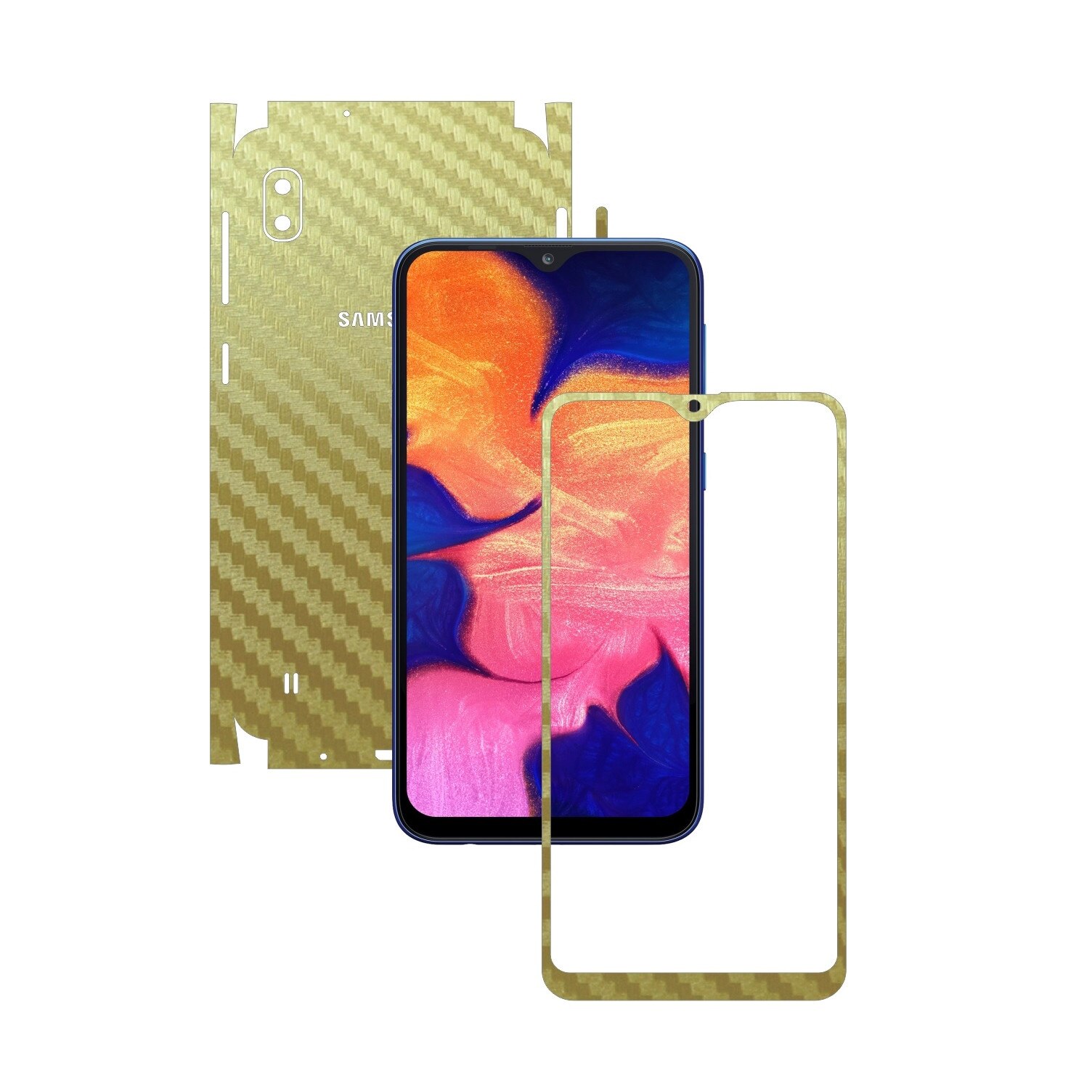 Folie Protectie Carbon Skinz pentru Samsung Galaxy A10 - Carbon Auriu 360 Cut, Skin Adeziv Full Body Cover pentru Rama Ecran, Carcasa Spate si Laterale