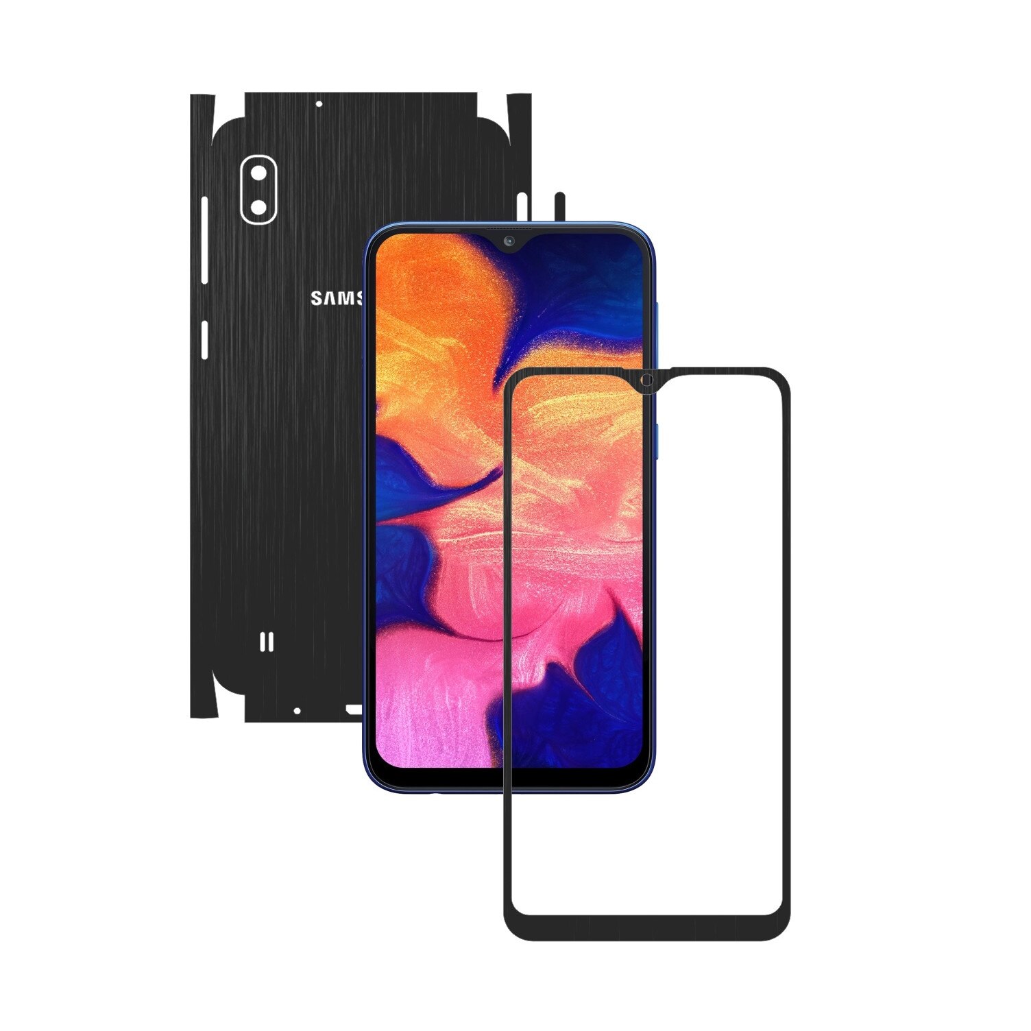 Folie Protectie Carbon Skinz pentru Samsung Galaxy A10 - Brushed Negru 360 Cut, Skin Adeziv Full Body Cover pentru Rama Ecran, Carcasa Spate si Laterale