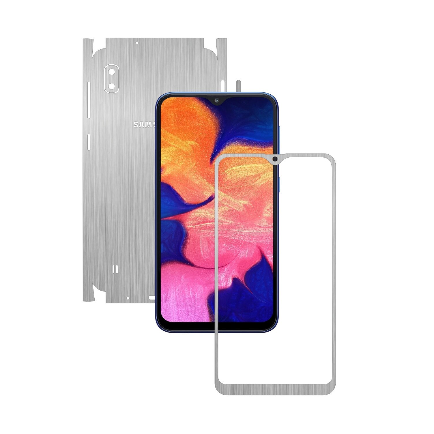 Folie Protectie Carbon Skinz pentru Samsung Galaxy A10 - Brushed Argintiu 360 Cut, Skin Adeziv Full Body Cover pentru Rama Ecran, Carcasa Spate si Laterale
