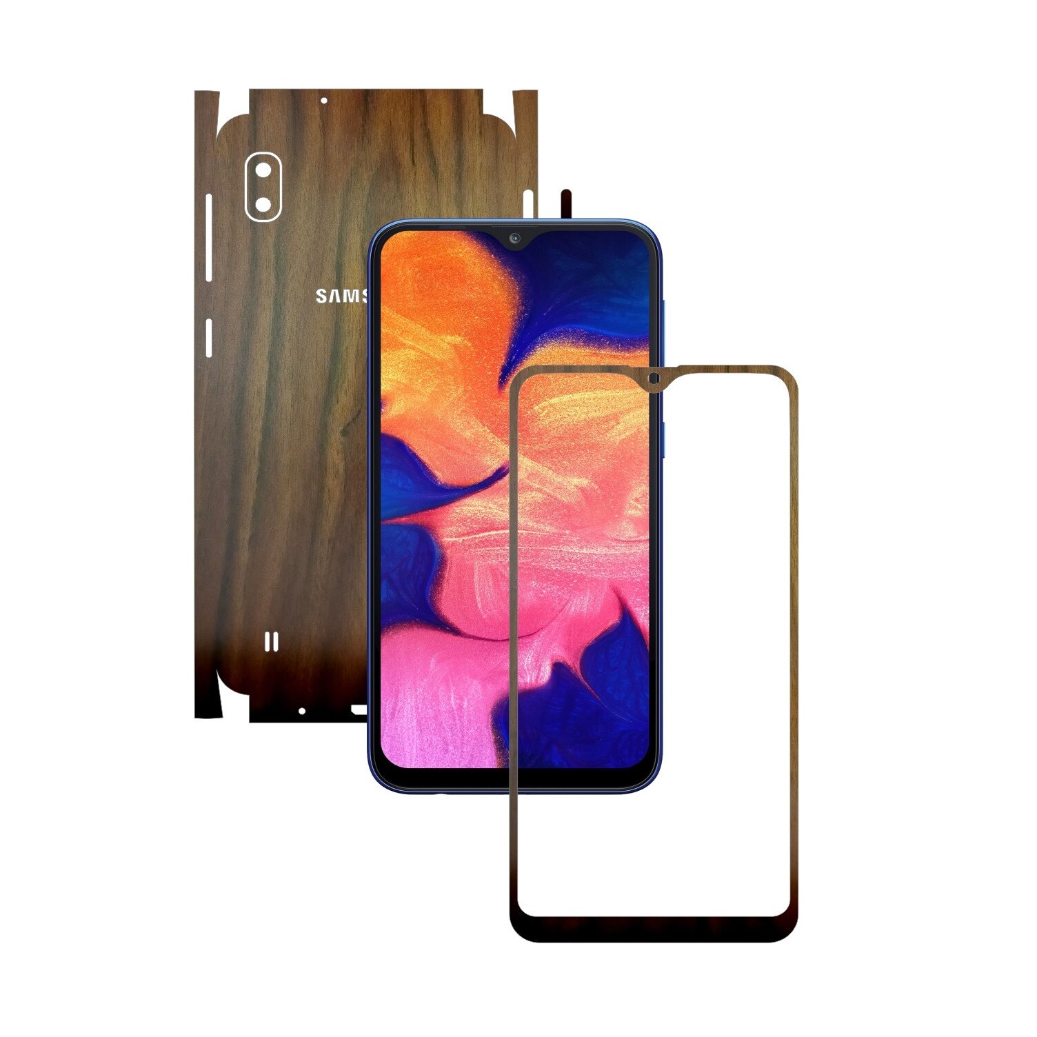 Folie Protectie Carbon Skinz pentru Samsung Galaxy A10 - Lemn Nuc 360 Cut, Skin Adeziv Full Body Cover pentru Rama Ecran, Carcasa Spate si Laterale