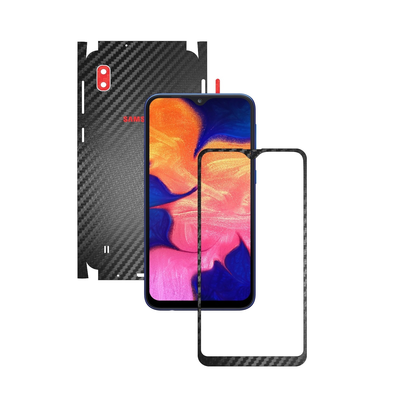 Folie Protectie Carbon Skinz pentru Samsung Galaxy A10 - Carbon Two Tone Negru / Rosu, Skin Adeziv Full Body Cover pentru Rama Ecran, Carcasa Spate si Laterale