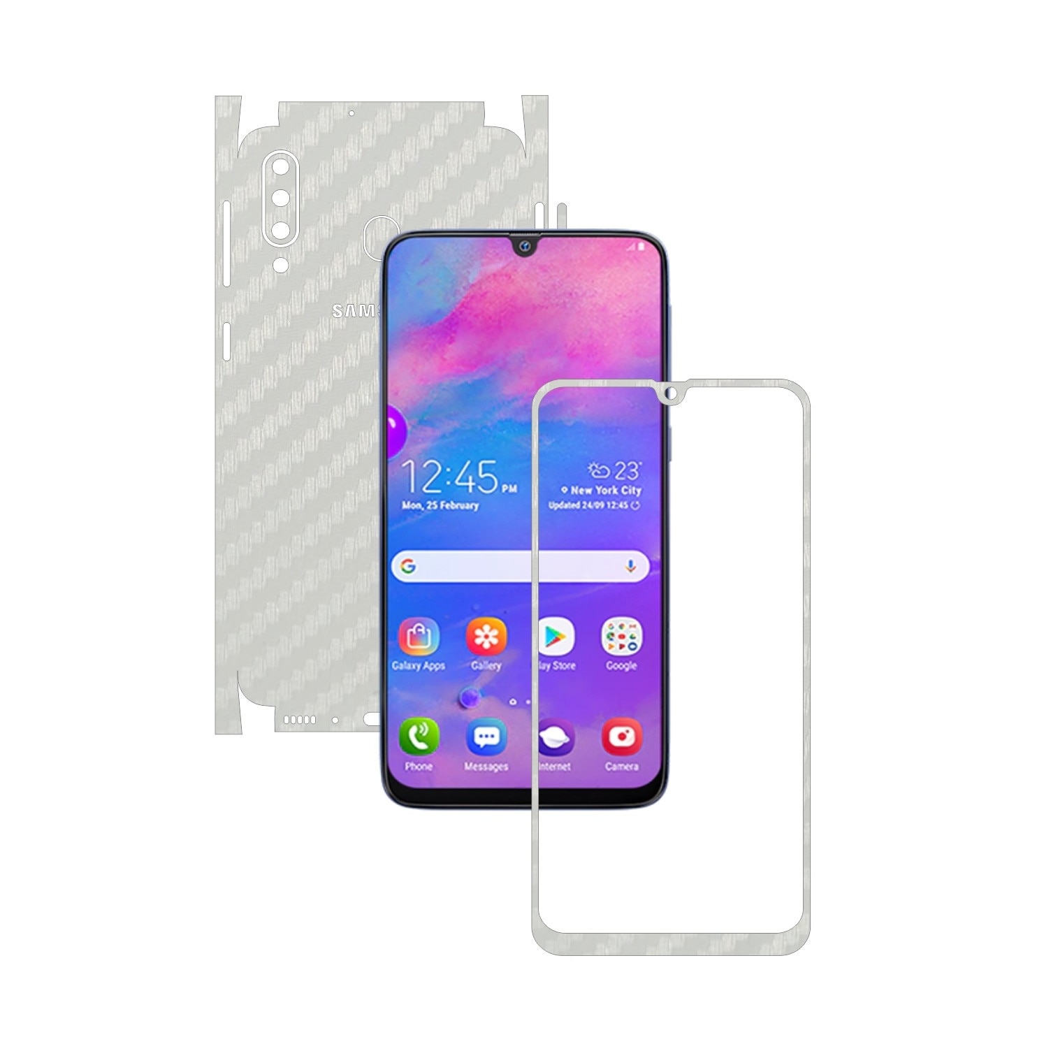 Folie Protectie Carbon Skinz pentru Samsung Galaxy M30 - Carbon Alb 360 Cut, Skin Adeziv Full Body Cover pentru Rama Ecran, Carcasa Spate si Laterale