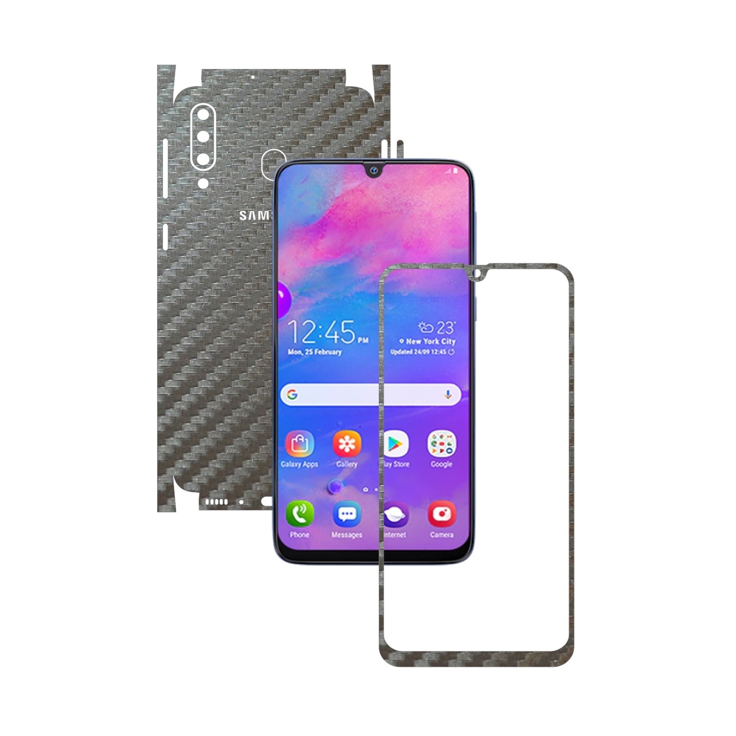 Folie Protectie Carbon Skinz pentru Samsung Galaxy M30 - Carbon Gri Argintiu 360 Cut, Skin Adeziv Full Body Cover pentru Rama Ecran, Carcasa Spate si Laterale