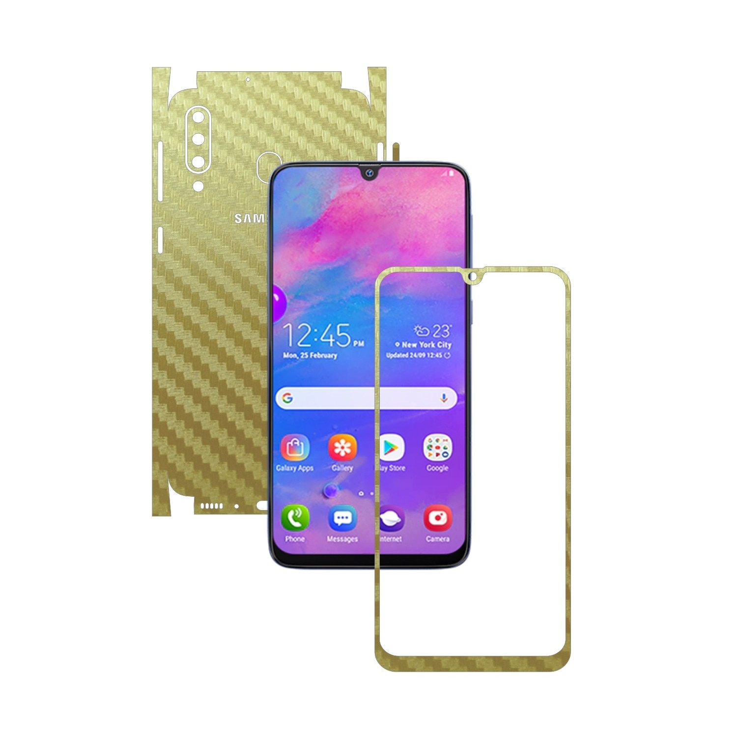 Folie Protectie Carbon Skinz pentru Samsung Galaxy M30 - Carbon Auriu 360 Cut, Skin Adeziv Full Body Cover pentru Rama Ecran, Carcasa Spate si Laterale