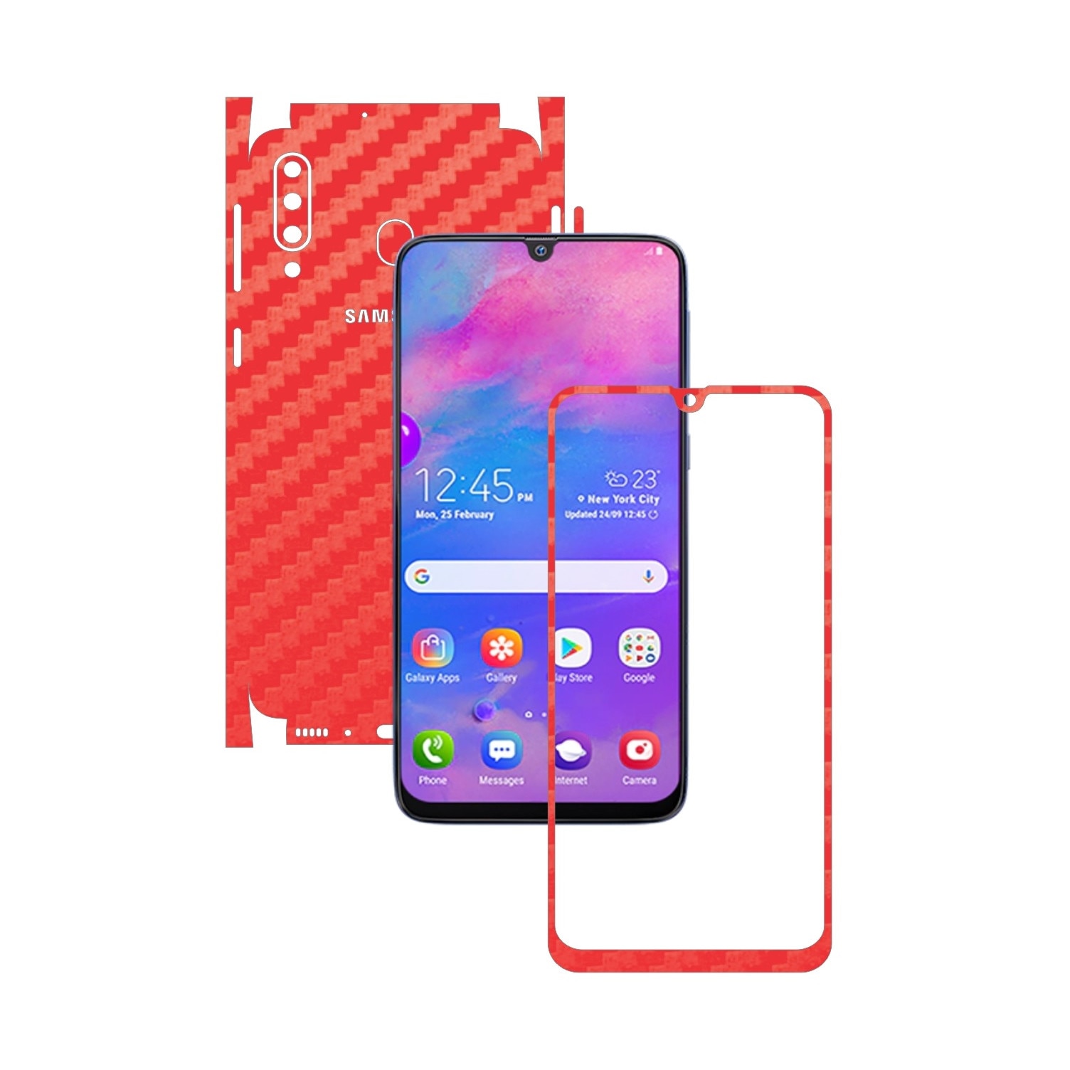 Folie Protectie Carbon Skinz pentru Samsung Galaxy M30 - Carbon Rosu 360 Cut, Skin Adeziv Full Body Cover pentru Rama Ecran, Carcasa Spate si Laterale