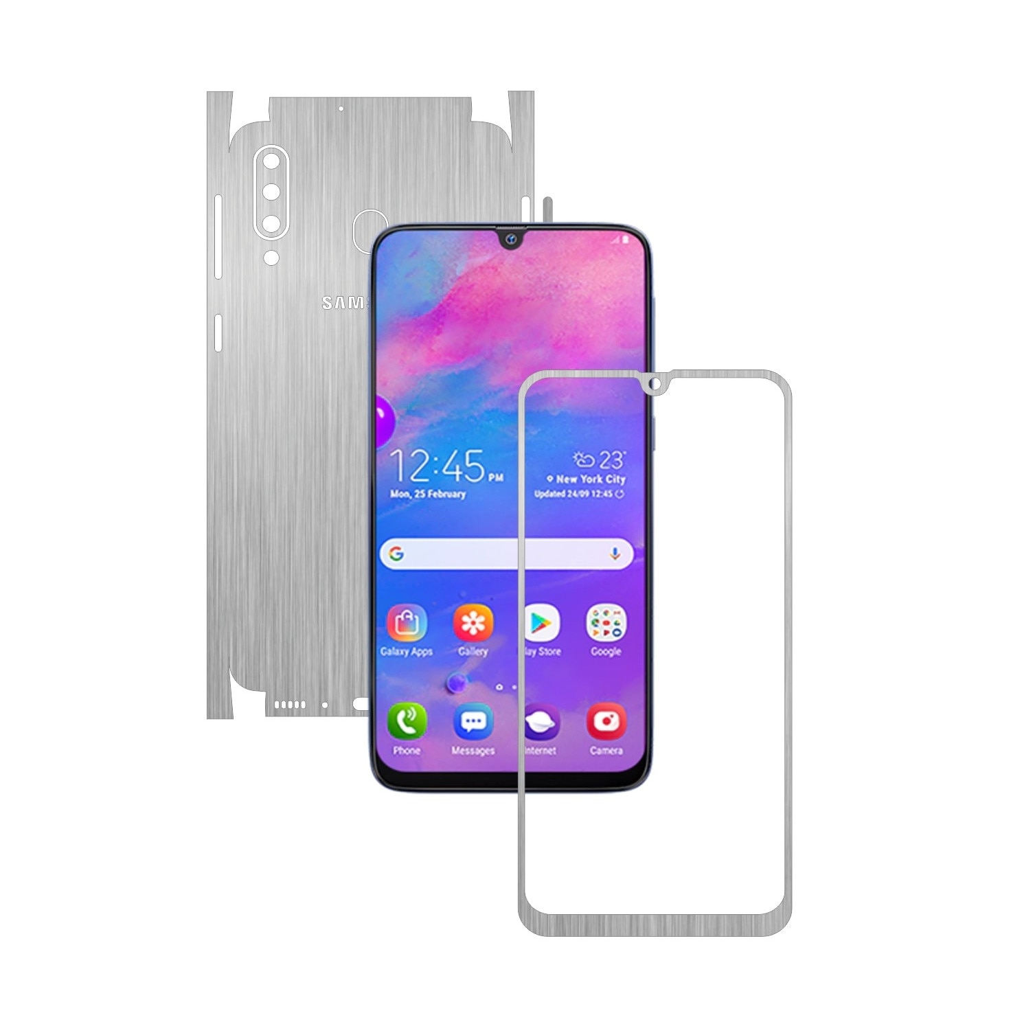 Folie Protectie Carbon Skinz pentru Samsung Galaxy M30 - Brushed Argintiu 360 Cut, Skin Adeziv Full Body Cover pentru Rama Ecran, Carcasa Spate si Laterale