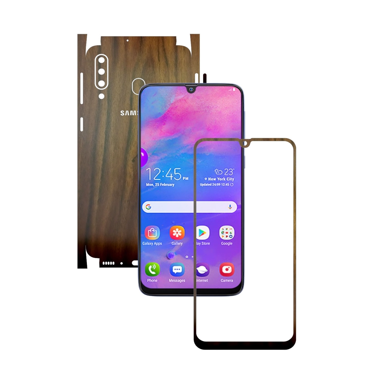 Folie Protectie Carbon Skinz pentru Samsung Galaxy M30 - Lemn Nuc 360 Cut, Skin Adeziv Full Body Cover pentru Rama Ecran, Carcasa Spate si Laterale