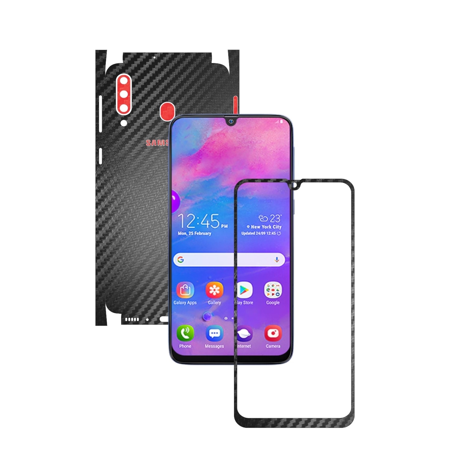 Folie Protectie Carbon Skinz pentru Samsung Galaxy M30 - Carbon Two Tone Negru / Rosu, Skin Adeziv Full Body Cover pentru Rama Ecran, Carcasa Spate si Laterale