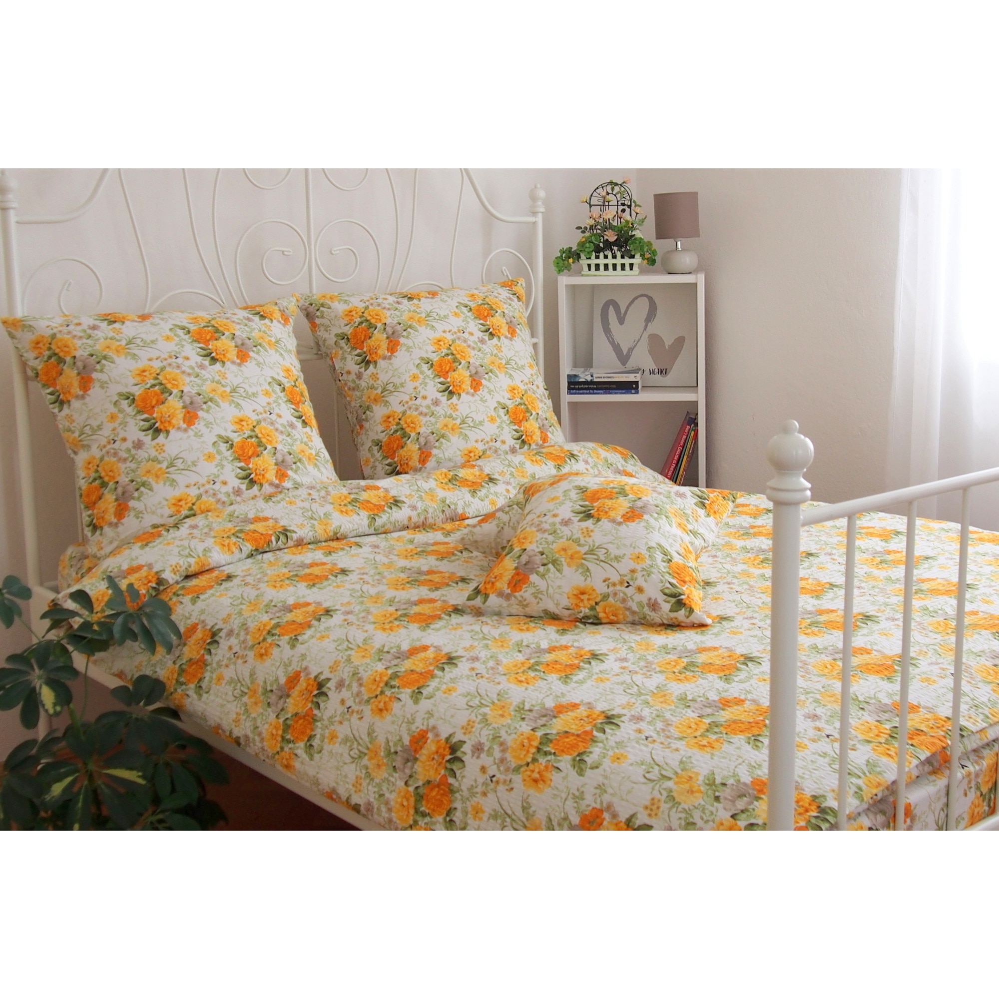Lenjerie de pat, 4 piese, Partener Tex, Pat dublu, din bumbac 100% Ranforce Creponat, Buchet des galben