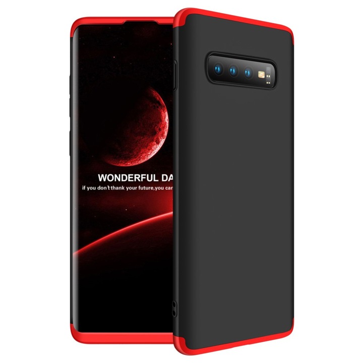 Husa Samsung Galaxy S10 Plus - Protectie 360 grade, 3 in 1, Plastic, Neagra/Rosie