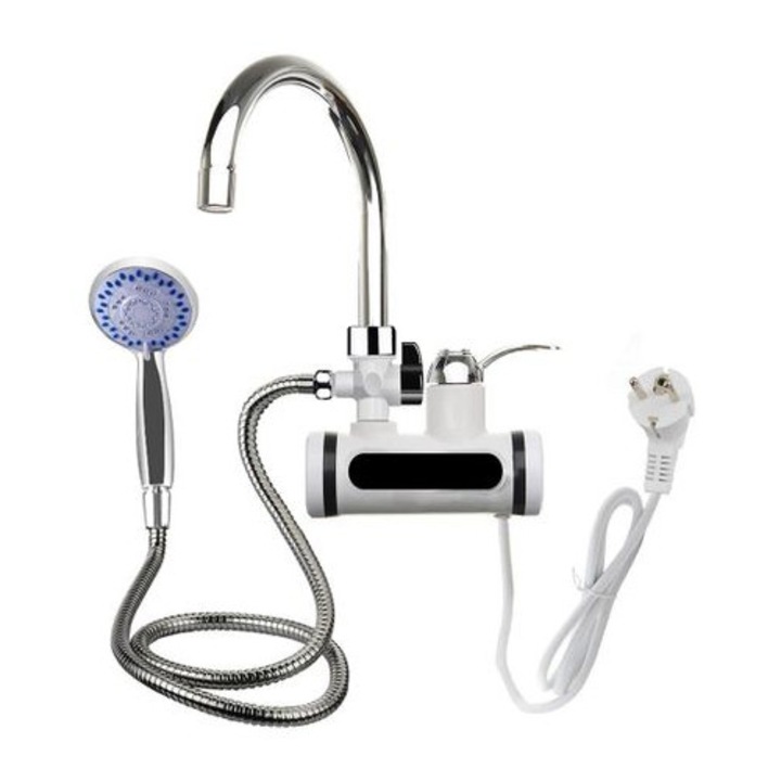 Elektromos csaptelep, állítható áramlás- és hőmérséklet kijelzés, zuhanyrózsával és fali tartóval